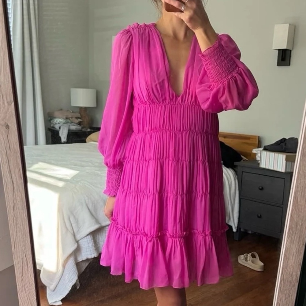 Deep Fuschia Pink Long Sheer Sleeve Chiffon Dress Sandro Paris